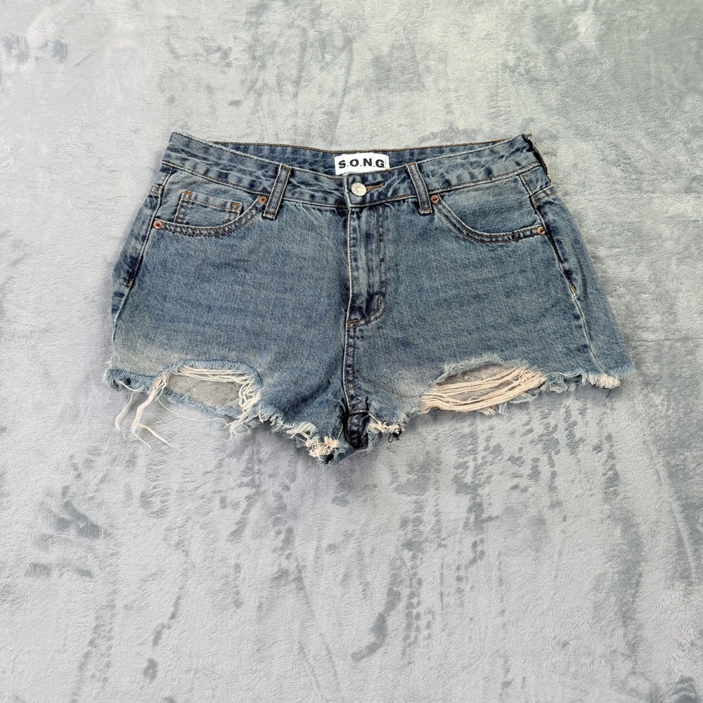 SONG Womens Distressed Denim Shorts Medium Wash High Rise Cut Offs Size 7/28